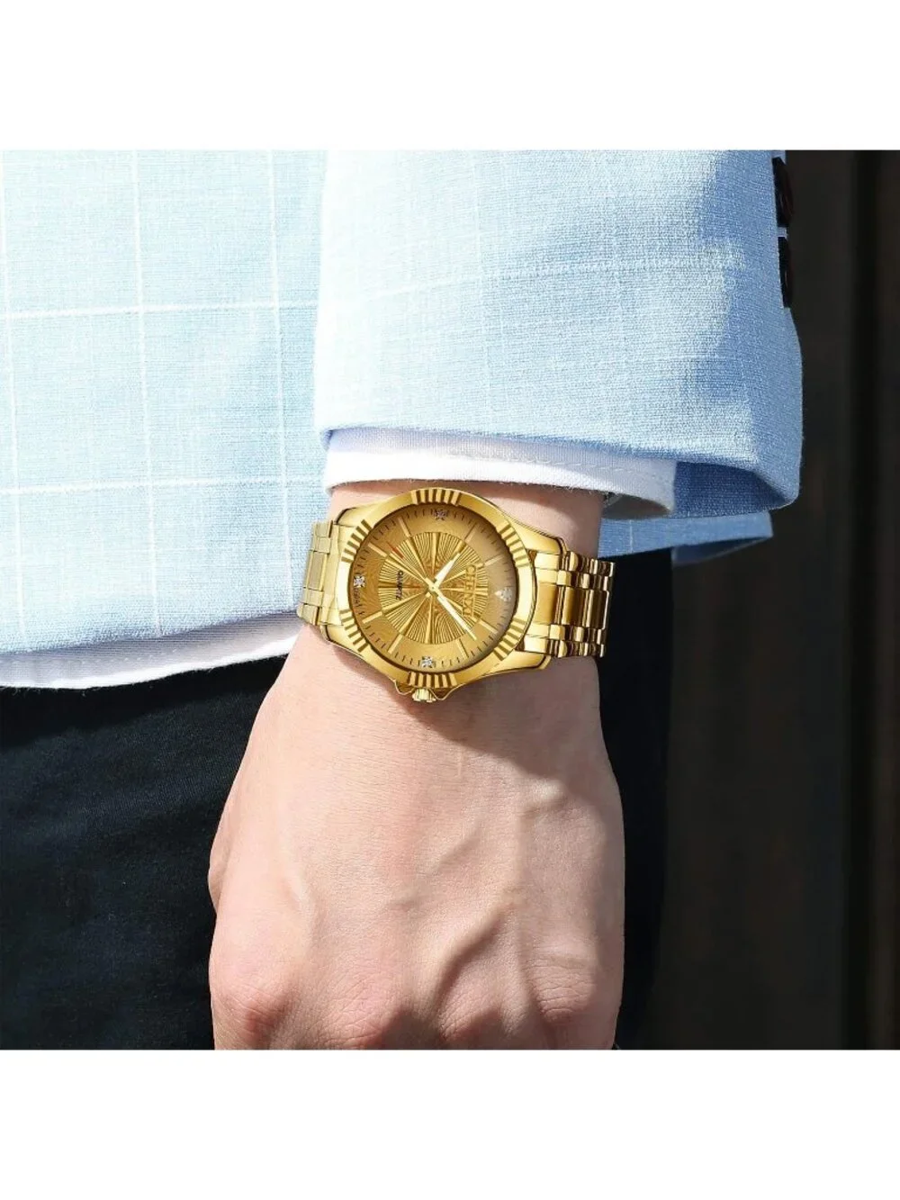 Men's Gold Analog Quartz Stainless Steel Crystals Classic Style Wrist Watch
